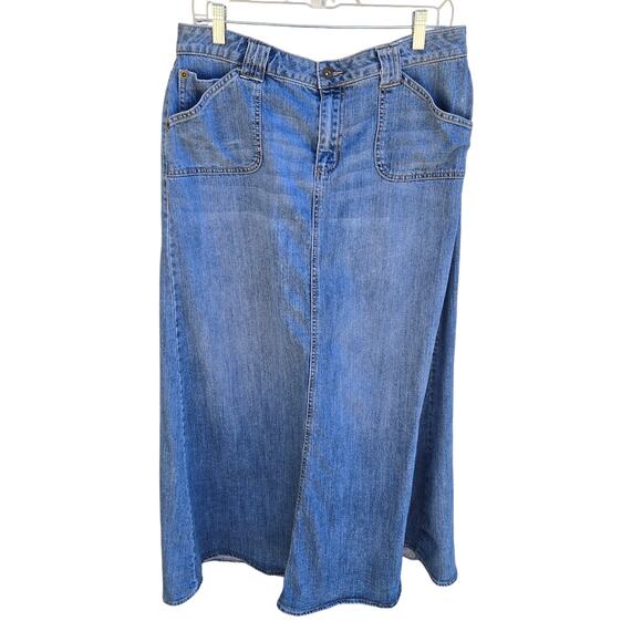 Vintage Fashion Bug Maxi Denim Skirt Modest Embroidered Pockets Back Pleat sz 12 - Picture 2 of 12